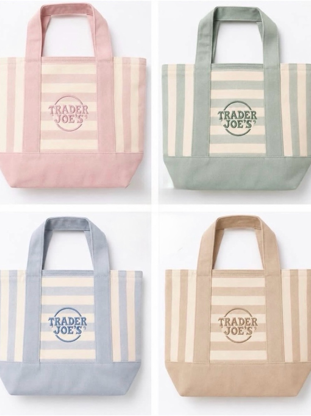 Trader Joe’s Limited edition striped Canvas Tote Bag- Pink, Sage, Light Blue,Tan